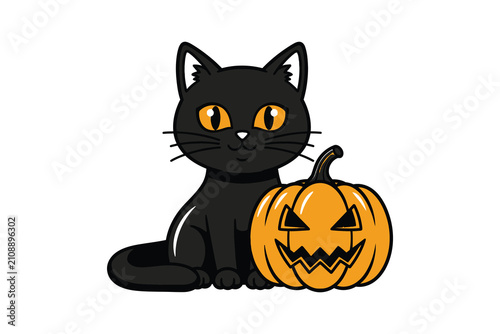 Cute Black Cat and Halloween Jack-o-lantern Illustration