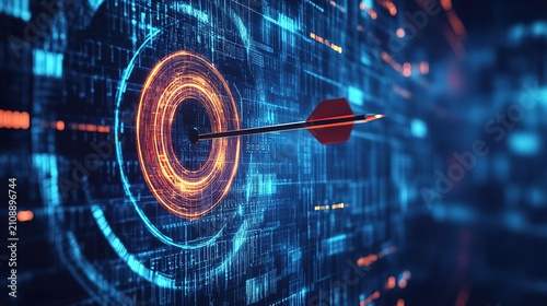 Arrow hitting archery target bullseye symbolizing precision success in business strategy marketing AI technology, dark blue data analysis digital background, futuristic sharp high resolution tech desi