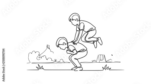 Fotografía Children playing leapfrog in a park, continuous line drawing