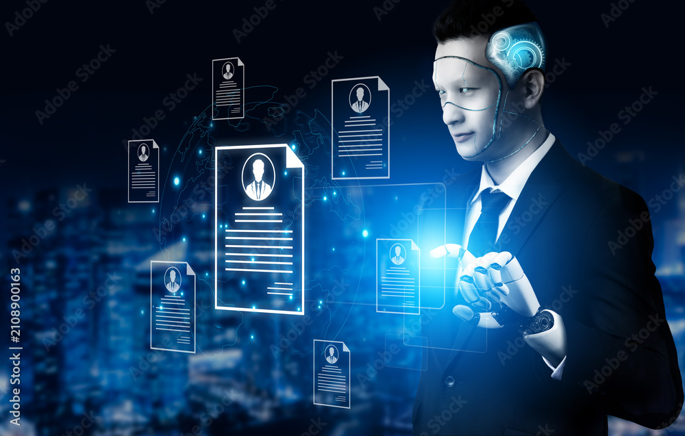 Obraz premium An AI assistant automates the global recruitment process by scanning candidate resumes. This smart human resources system selects the best profiles for the company's workforce. Fermion