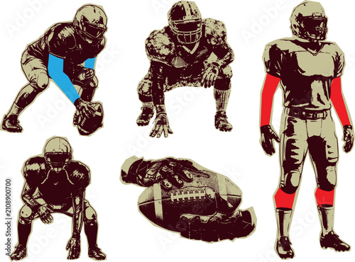 Cuadro en lienzo Dynamic American football player poses featuring a halftone clipart cut-out coll