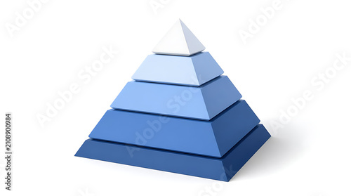A five level blue 3D pyramid chart isolated on white background.