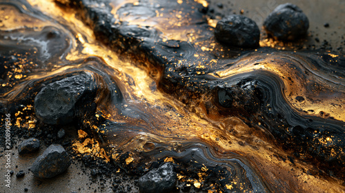 Macro shot of dark liquid asphalt flowing through volcanic rocks with glowing molten