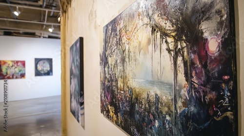 Vibrant abstract paintings displayed in a modern art gallery setting