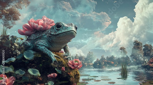 Enchanted amphibian, A whimsical frog with lotus blooms in ethereal pond