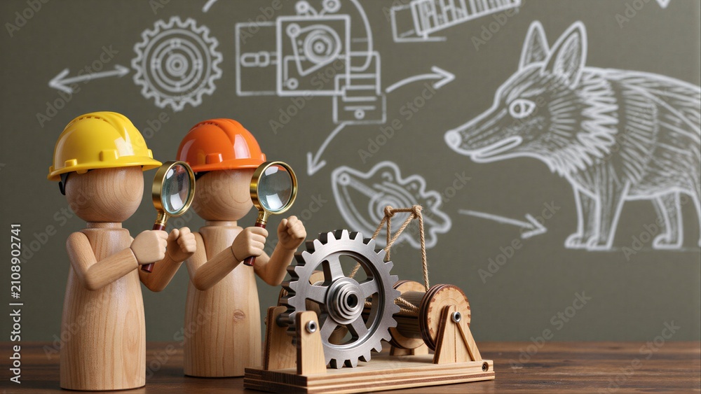 Fototapeta premium Two wooden engineers inspect a gear mechanism, with fox and machinery sketches in the background.