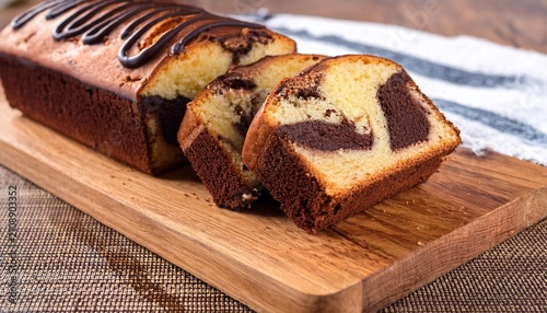 classic marble cake on a cutting board moist and fluffy with a delicious chocolate swirl