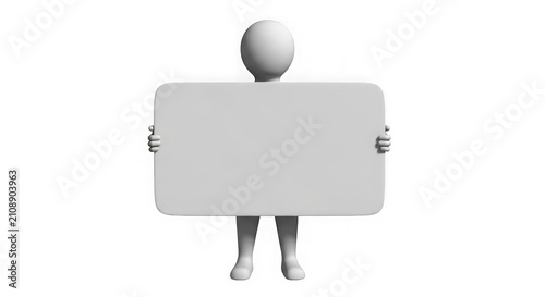 A 3D character holding a blank sign for custom messages and information isolated on transparent background