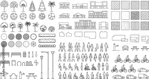 Urban Landscape CAD Vector Symbols Collection with Trees Buildings People Vehicles Street Furniture and Architectural Texture Elements