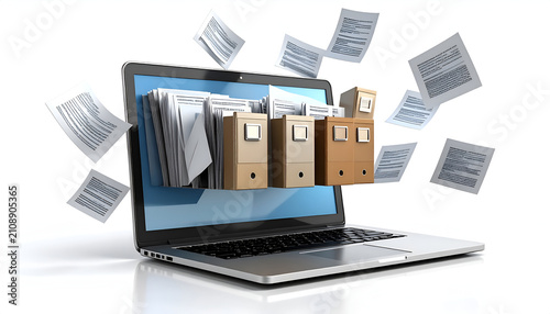 A laptop screen with documents and file folders emerging, surrounding loose pages floating in the air against a white background