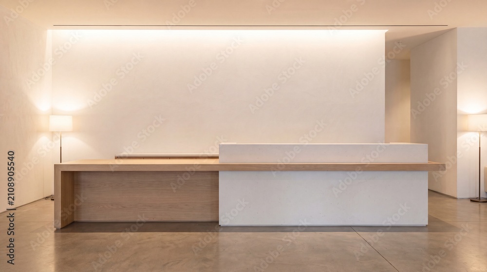 Fototapeta premium Modern minimalist reception desk in a warmly lit hotel lobby