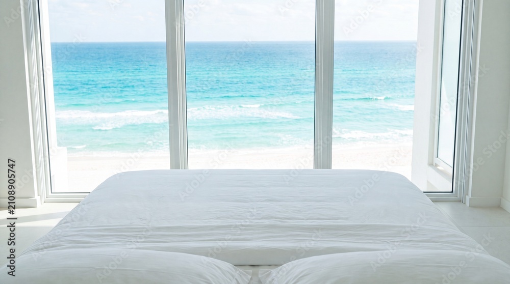 Fototapeta premium White bed facing large windows with a stunning turquoise ocean view