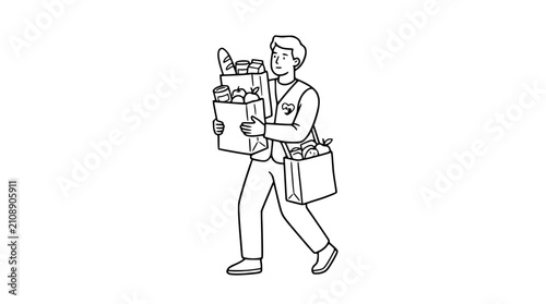 фотографія Delivery person carrying grocery bags, illustration, service, shopping