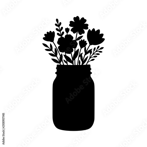 Mason jar holding wildflower bouquet silhouette illustration