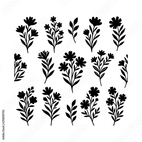 Black floral stems and blooms repeating silhouette vector illustration