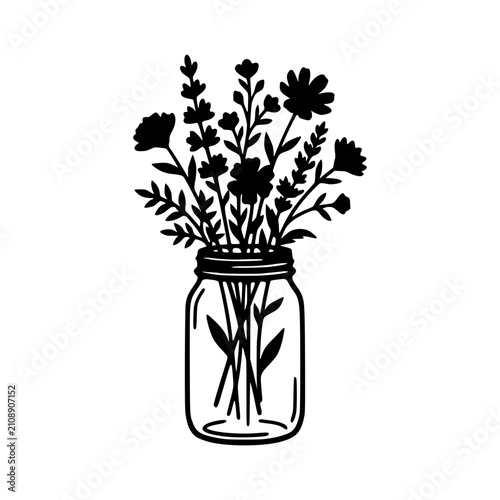 Mason jar holding mixed wildflower bouquet silhouette illustration