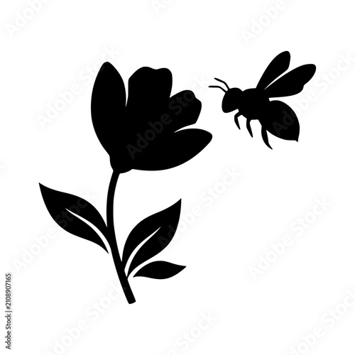 Bee pollinating flower silhouette vector illustration