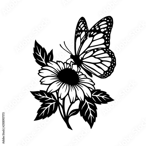 Monarch butterfly resting on sunflower silhouette vector illustration