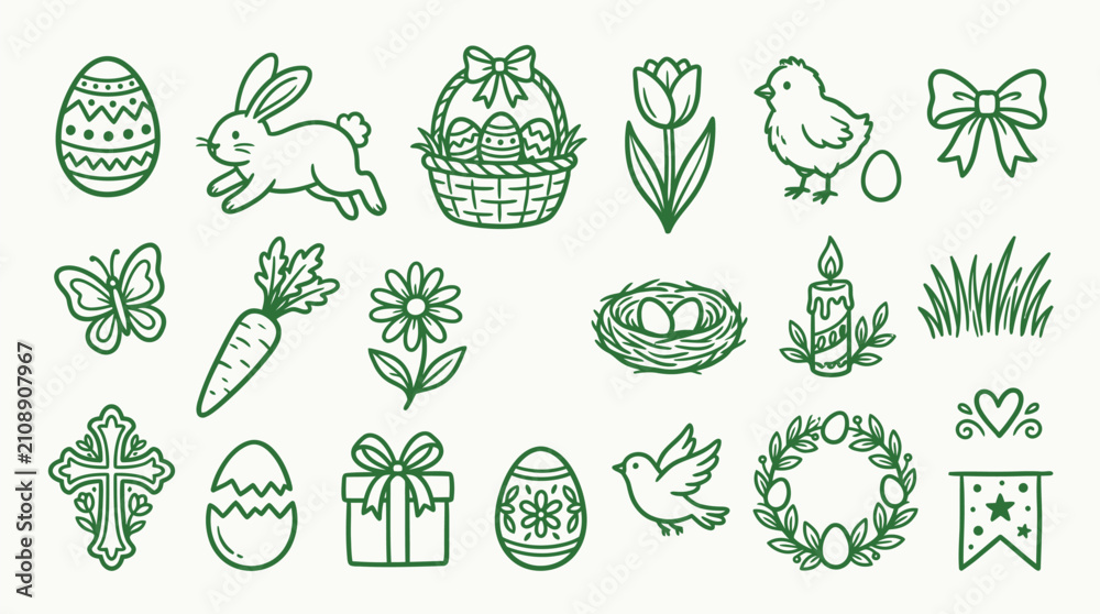 Fototapeta premium Collection of Hand-Drawn Easter Icons and Symbols in Green Outline Style.