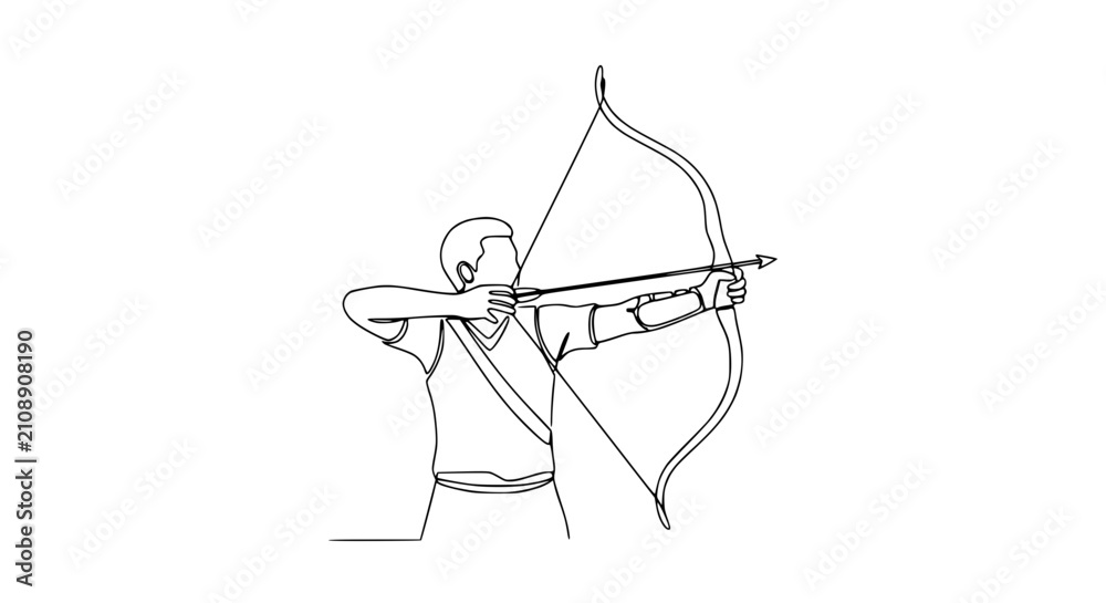 Obraz premium Archer aiming bow and arrow, continuous line art, minimal design
