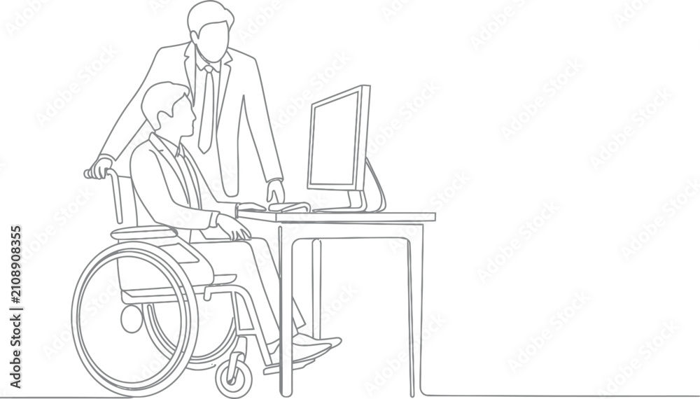 Fototapeta premium Two businessmen, one in a wheelchair, collaborating at a desk with a computer collaboration teamwork