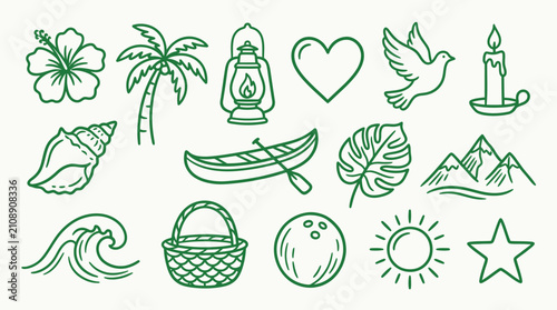Collection of simple green line art icons representing nature, travel, and lifestyle elements.