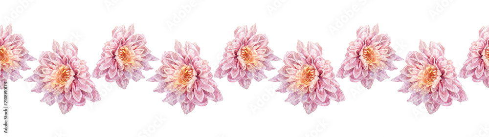 Fototapeta premium Watercolor seamless border with bouquet flower pink chrysanthemum on white background. Hand-drawn art for sketchbook. Romantic rim for florist or wedding celebration card. Wallpaper or wrapping