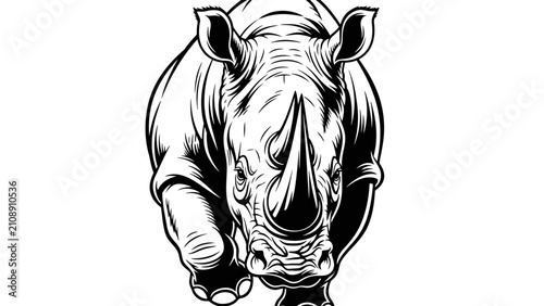 Aggressive Rhino Charging Forward, Black and White Illustration, Powerful Wildlife