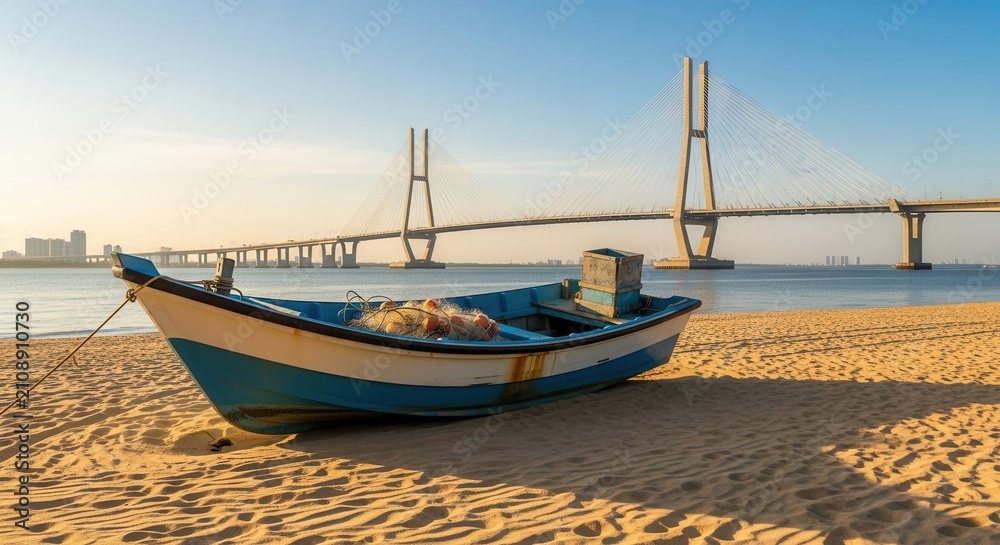 Obraz premium blue boat on sandy beach with bridge in background