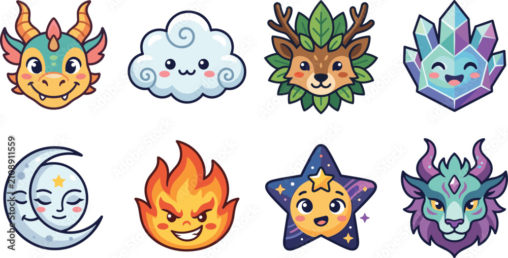 Fototapeta premium kawaii elements, cute nature icons, cartoon cloud, cute deer, fire character, cute star, kawaii vector, nature stickers, cute badges, cartoon characters, adorable set, cute icons, playful illustration