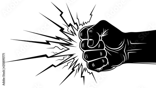 Photos Fist Punching Through Wall with Lightning Effect - Impact and Power Symbol
