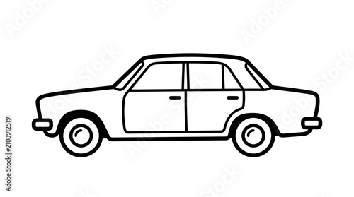 Simple black and white line drawing of a classic sedan car.