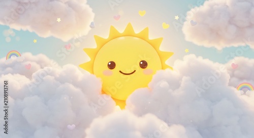 Sunshine Smile: A cheerful cartoon sun with rosy cheeks peeks out from behind fluffy white clouds, radiating warmth and happiness with tiny hearts floating around.