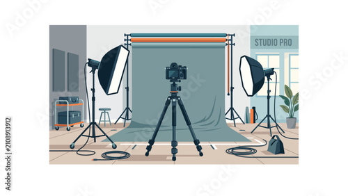 Professional photo studio interior with camera on tripod, photography studio equipment with softbox lights and backdrop, flat vector illustration
