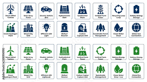 Sustainable energy and eco friendly technology icon set.