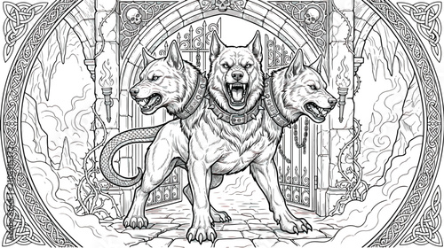 Foto Mythological Cerberus three headed dog line art, ancient Greek underworld guardi