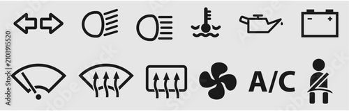 Set of car dashboard indicator light icons vector isolated on white background.