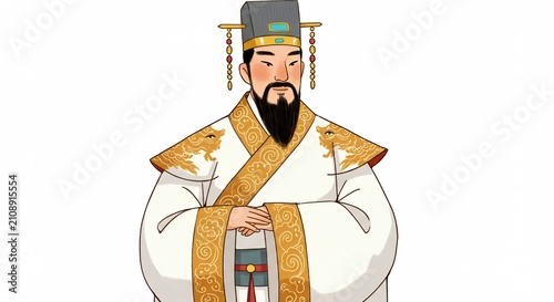 Asian Emperor Portrait: An emperor in traditional ancient East Asian attire, with an ornate headdress and elaborate robe, stands with a serene expression.