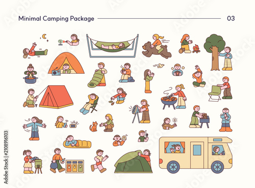 Minimal vector camping character collection featuring relaxing, cooking, camping, camper van, tents, campfire, outdoor activities, and nature.