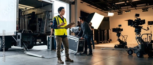 Film crew setting up equipment for production in studio