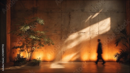 Minimalistic industrial concrete wall with passing shadow and blurry walking person in foreground, volumetric warm lighting, urban Chicago lounge with plant leaves and high fashion atmosphere