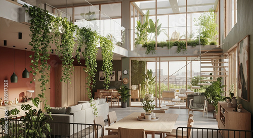 Wide angle view of a contemporary open-plan apartment featuring wooden dining table, sofa, and lush green trailing plants hanging from the mezzanine.