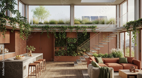 Eco-friendly open plan living room and kitchen featuring vertical gardens, wooden cabinetry, stone island, and solar panels visible through windows.