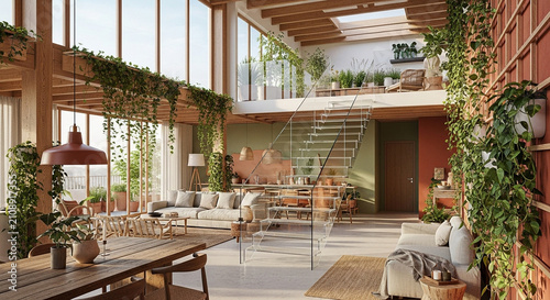 Spacious biophilic interior featuring wooden beams, glass staircase, multiple sofas, and lush indoor climbing plants in a bright daylit loft.