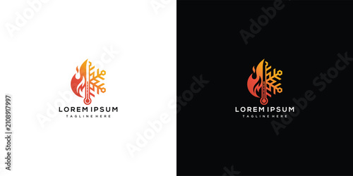 Heating and Cooling HVAC System Logo with Flame Snowflake and Thermometer Design