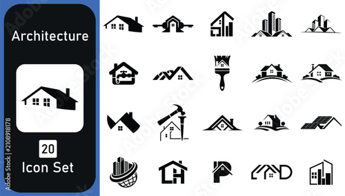 Set of Twenty Minimalist Black and White Architecture and Real Estate Icons