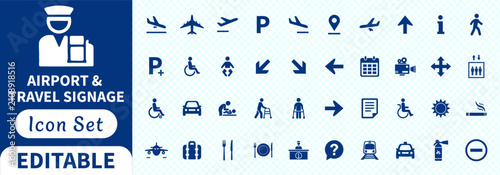Editable airport and travel signage icon set with airplane, parking and accessibility symbols for navigation