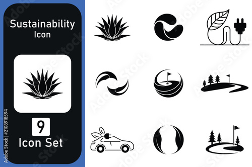 A collection of nine minimalist black and white sustainability themed vector icons