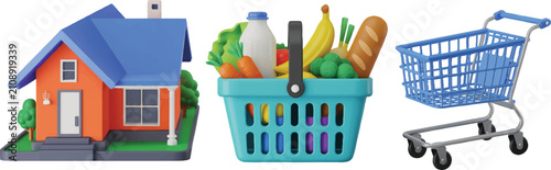 Cute cartoon house, shopping basket with groceries, and empty shopping cart isolated on transparent background.