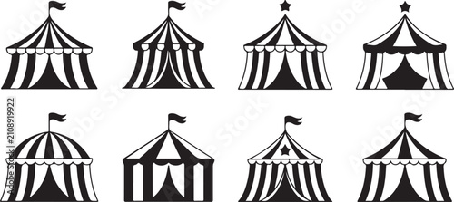 Collection of various circus tents with flags and stars for entertainment events on transparent background.
